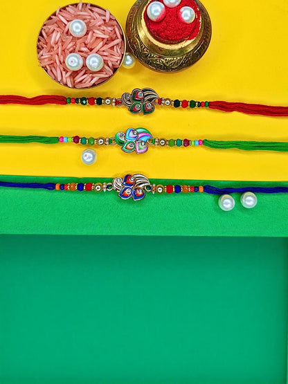 Anouk Set Of 3 Beaded Cotton Thread with AD Stones & Meenakari Designer Rakhi for Brother