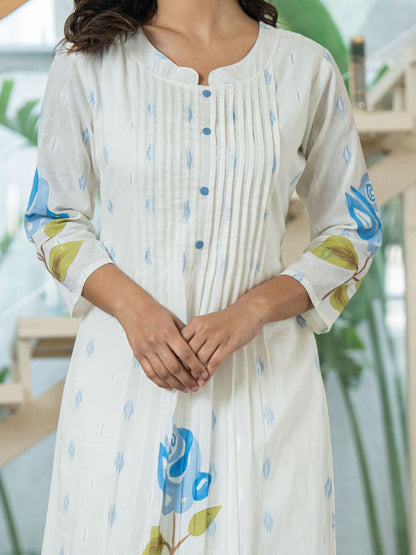 Floral Printed Mandarin Collar Pleated Pure Cotton A-Line Kurta With Trouser