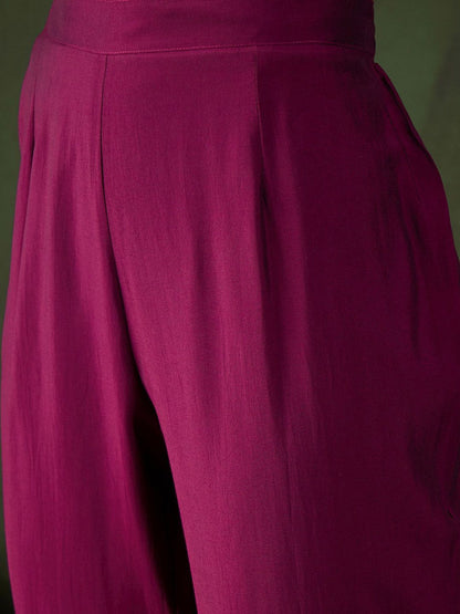 Indyancart SN Women's Purple Geometric Embroidered Mirror Work Roman Silk Kurta With Trouser