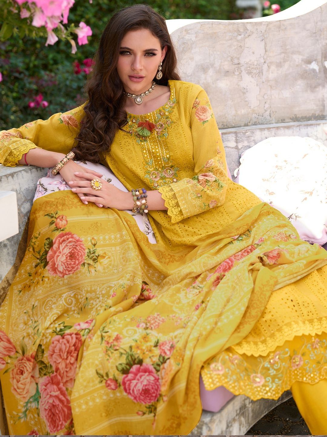 Women Floral Embroidered Cotton Kurta with Trousers & Dupatta