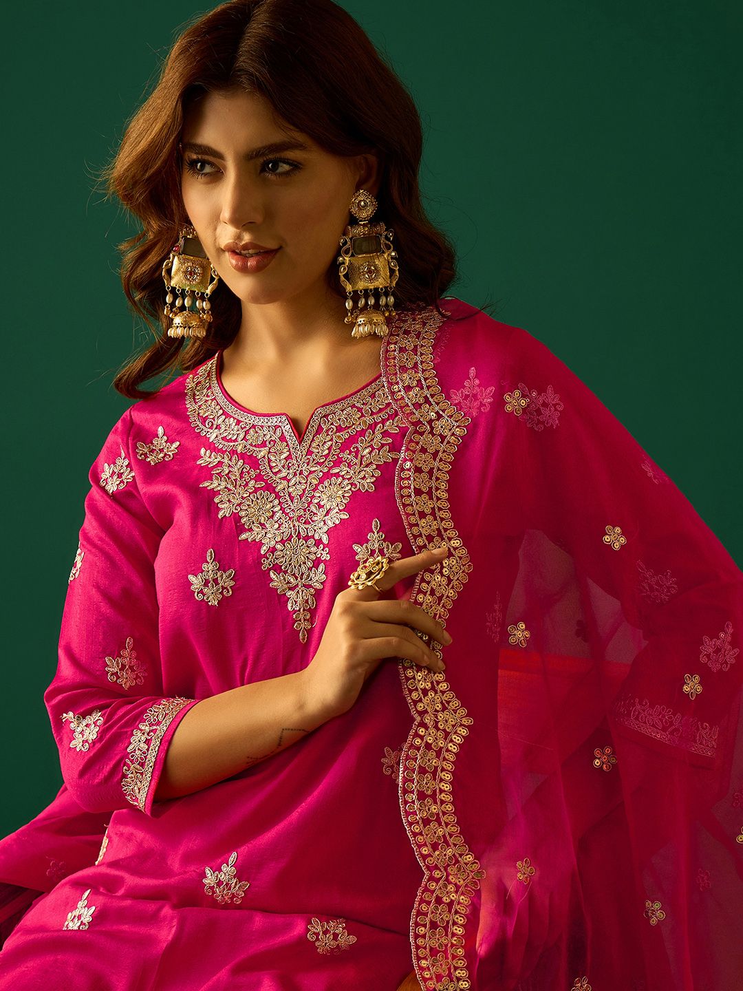 Indyancart VA Women Ethnic Motifs Embroidered Kurta with Sharara & Dupatta