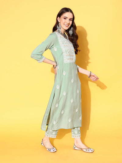 Indyancart VR Women's Sea Green Embroidered Kurta Paired With Tonal Trouser And Dupatta