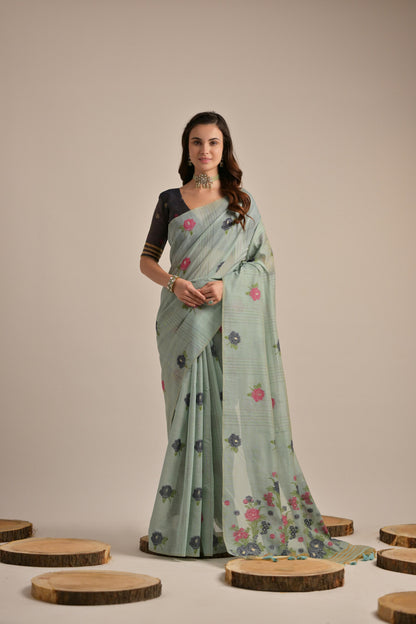 Dhiyona GR Women's Arisaa Firozi Blue Muga Cotton Saree