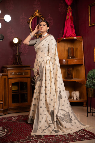 Indyancart GR Women's Maitri Cream Linen Woven Saree