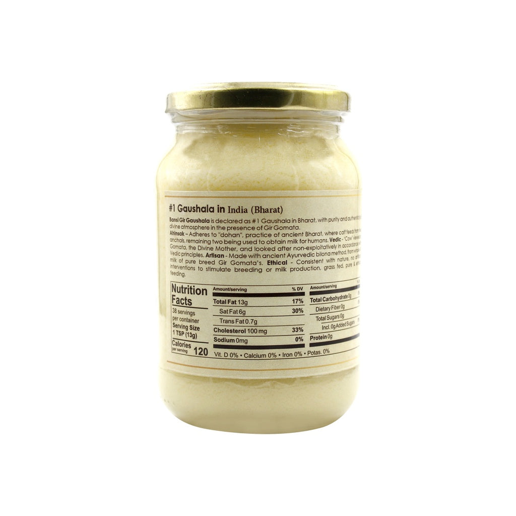 Gir Ahinsak Gau Ghee (A2) Bilona from Gir Gauveda, traditional pure breed cow ghee in a jar, highlighting rich, golden A2 cow ghee.