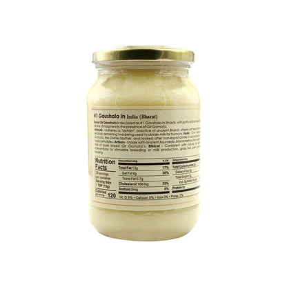 Gir Ahinsak Gau Ghee (A2) Bilona from Gir Gauveda, traditional pure breed cow ghee in a jar, highlighting rich, golden A2 cow ghee.