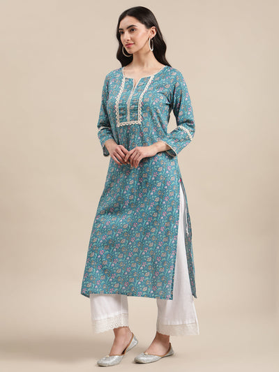 Indyancart VR Women's Blue Floral Printed Lace Embellished Kurta With 3/4Th Sleeves