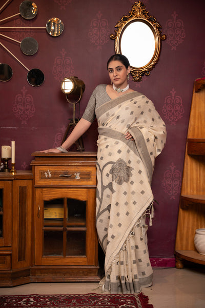 Indyancart GR Women's Maitri Cream Linen Woven Saree