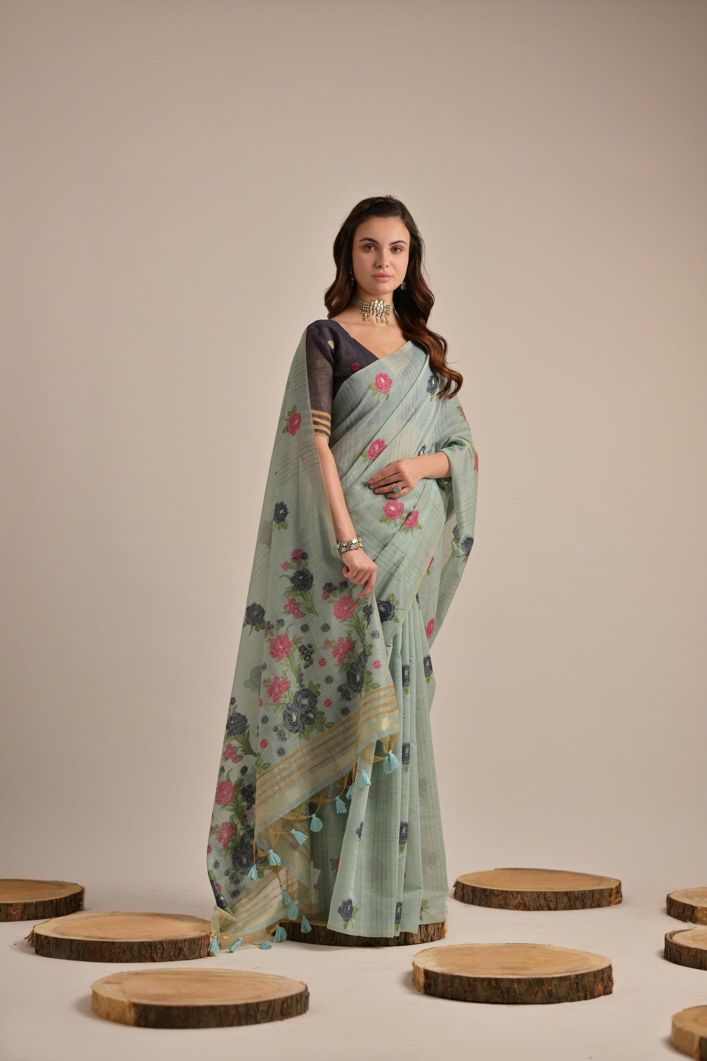 Dhiyona GR Women's Arisaa Firozi Blue Muga Cotton Saree