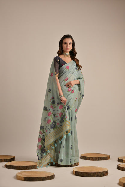 Dhiyona GR Women's Arisaa Firozi Blue Muga Cotton Saree