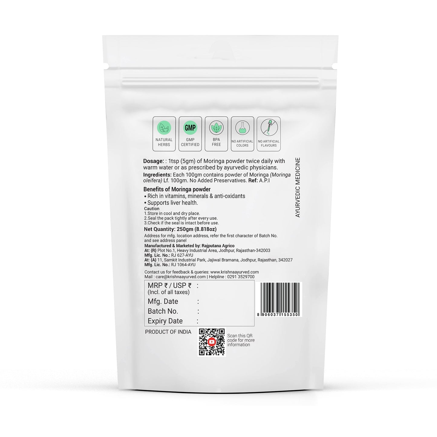 Krishna's Herbal & Ayurveda Moringa Powder in a natural wooden scoop, showcasing vibrant green powder in a jar.