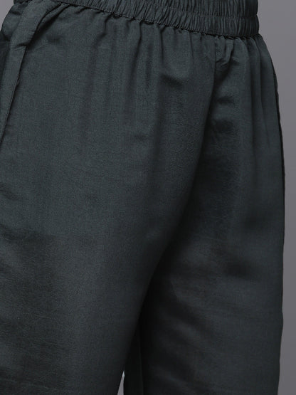Dhiyona VR Women's Grey Embroidered Kurta Paired With Tonal Bottom And Contrast Dupatta