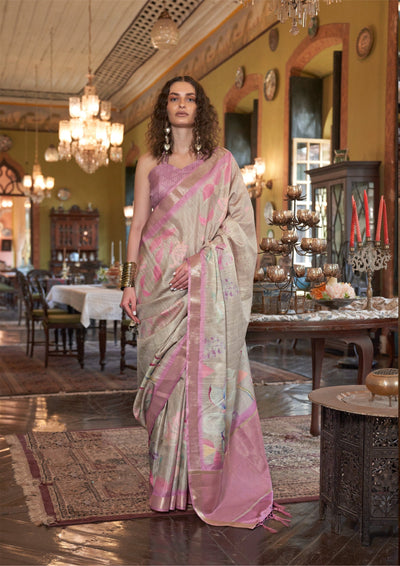 Indyancart GR Women's Dusty Lavender & Grey Banarasi Digital Soft Silk Saree