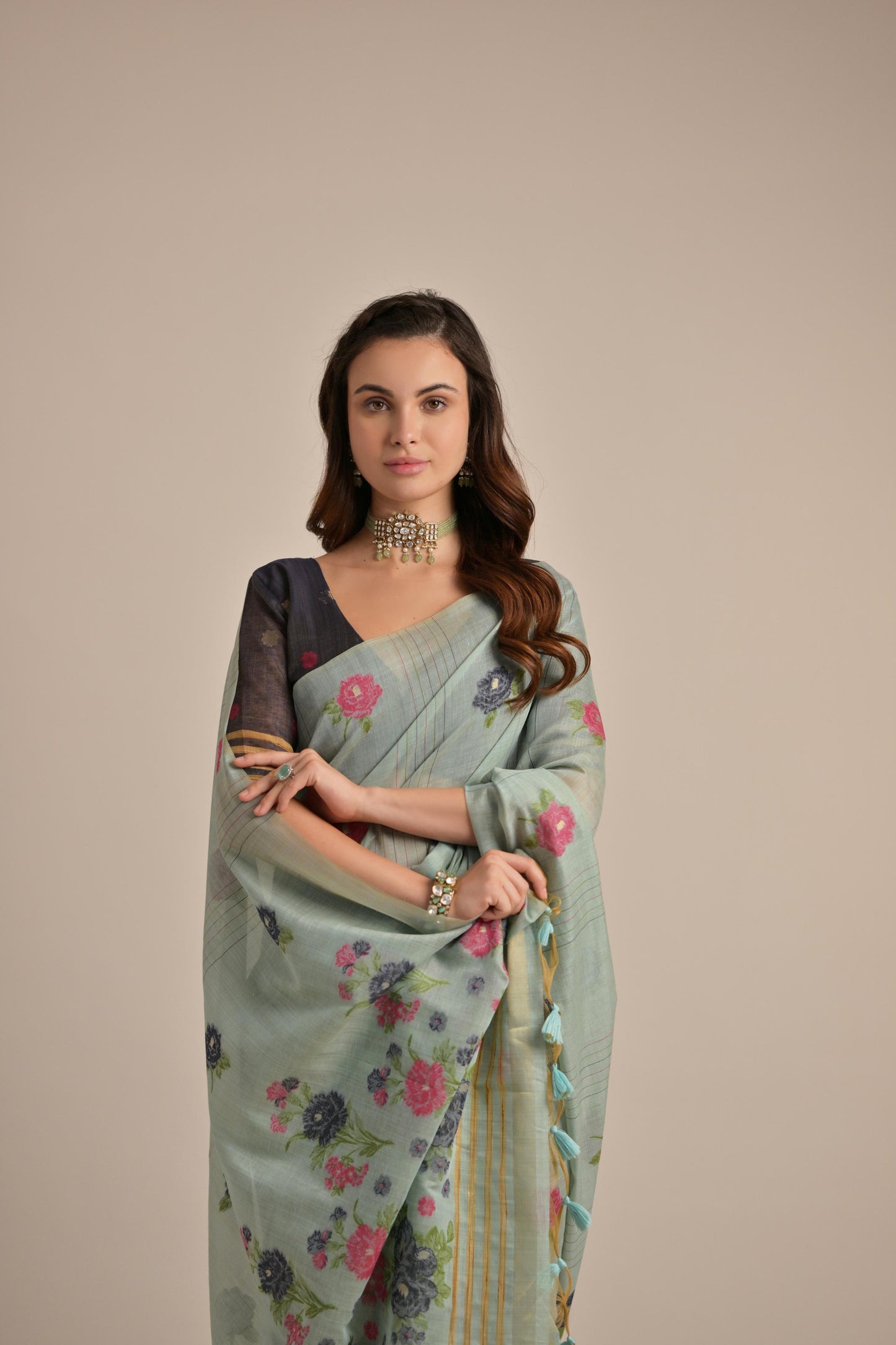 Dhiyona GR Women's Arisaa Firozi Blue Muga Cotton Saree