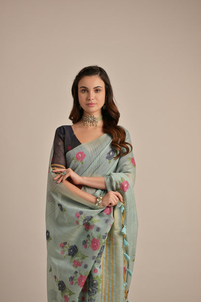 Dhiyona GR Women's Arisaa Firozi Blue Muga Cotton Saree