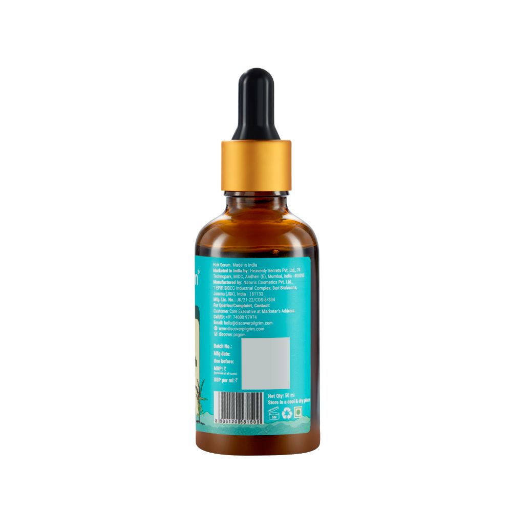 Pilgrim hair serum with 3% Redensyl, 4% Anagain, and Korean black rice for advanced hair growth, shown in a 50ml bottle.