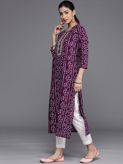 Indyancart VR Women's Purple & White Bandhani Printed Pure Cotton Kurta