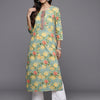 Dhiyona VR Women's Sea Green Floral Printed Mirror And Thread Embroidered Straight Kurta With Thtree Quarter Sleeves