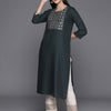 Dhiyona VR Women's Grey Round Neck Embroidered Yoke Straight Kurta With Side Slits