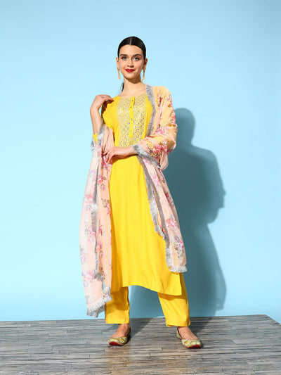 Indyancart VR Women's Yellow Embroidered Kurta With Trouser And Embroidered Dupatta