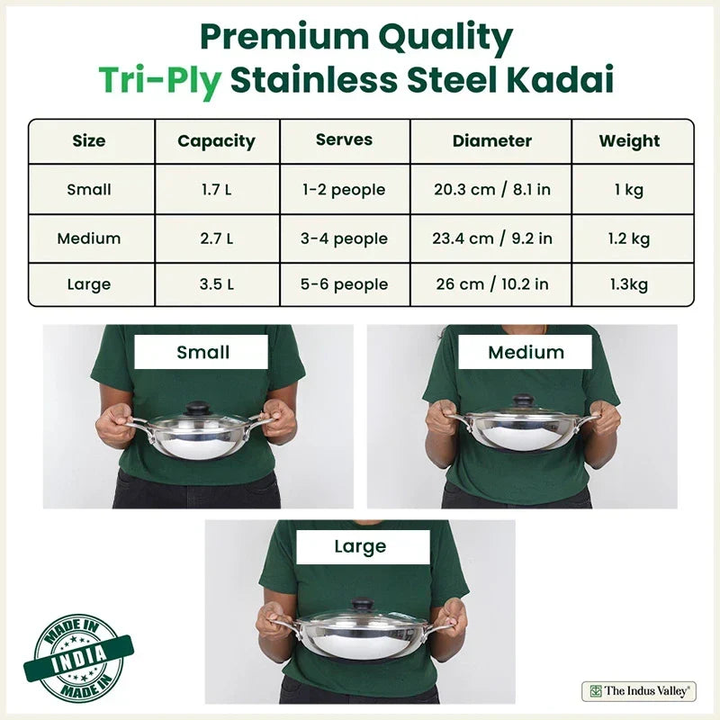 The Indus Valley TurboCuk Tri-ply Stainless Steel Kadai+ Glass Lid, Premium Quality, 3 Layer Thick Body, 100% Toxin-free, Non-stick, Induction & Gas, 1.7/2.7/3.5L