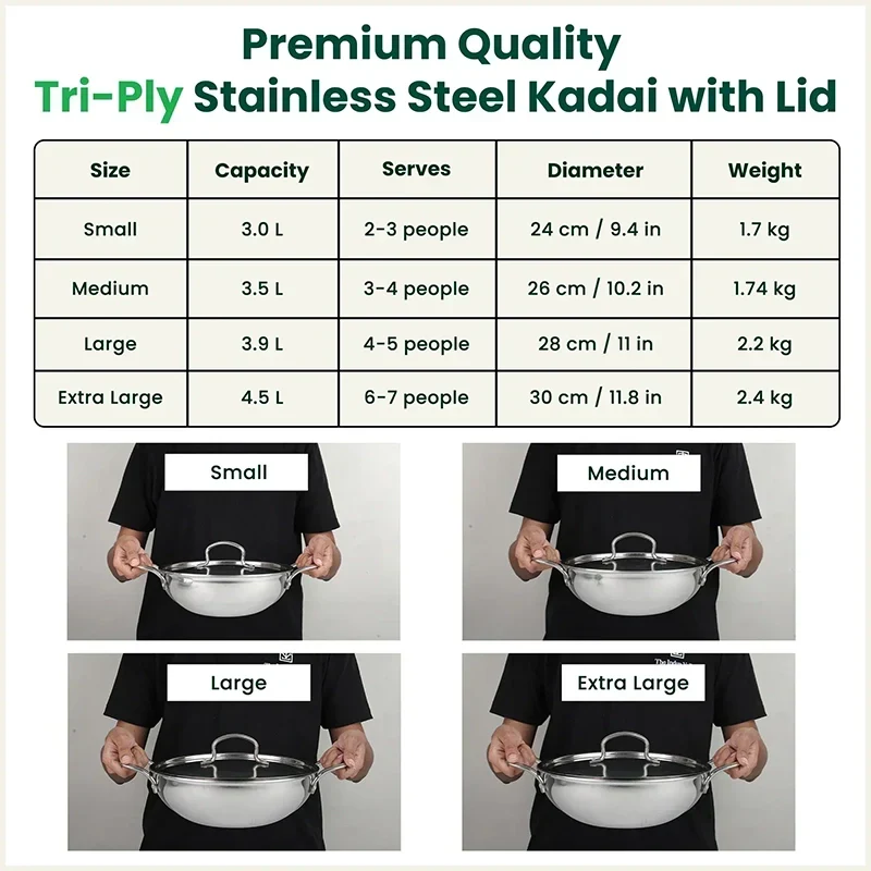 The Indus Valley TurboCuk Tri-ply Stainless Steel Kadai+ Steel Lid, Premium Quality, 3 Layer Thick Body, 100% Toxin-free, Non-stick, Induction & Gas, 3L/3.5L/3.9L/4.5L