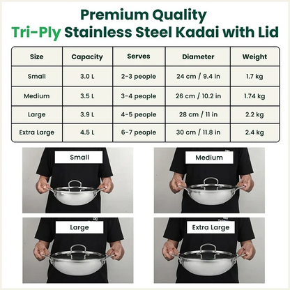 The Indus Valley TurboCuk Tri-ply Stainless Steel Kadai+ Steel Lid, Premium Quality, 3 Layer Thick Body, 100% Toxin-free, Non-stick, Induction & Gas, 3L/3.5L/3.9L/4.5L