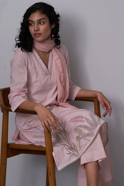 Women's Pink Embroidered Cotton Kurta With Viscose Chanderi Embroidered Dupatta