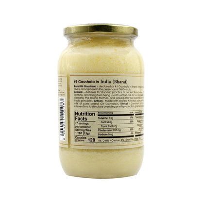 Gir Ahinsak Gau Ghee (A2) Bilona from Gir Gauveda, traditional pure breed cow ghee, creamy and golden in a jar.