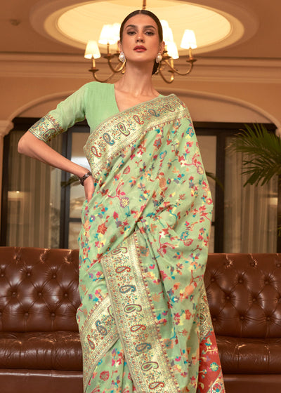 Indyancart GR Women's Kalista Pista Green Woven Jamewar Kashmiri Banarasi Saree