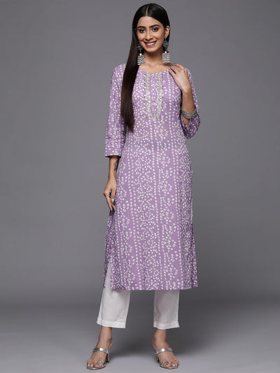 Indyancart VR Women's Lavender Bandhani Print Embroidered Kurta Has Round Neck