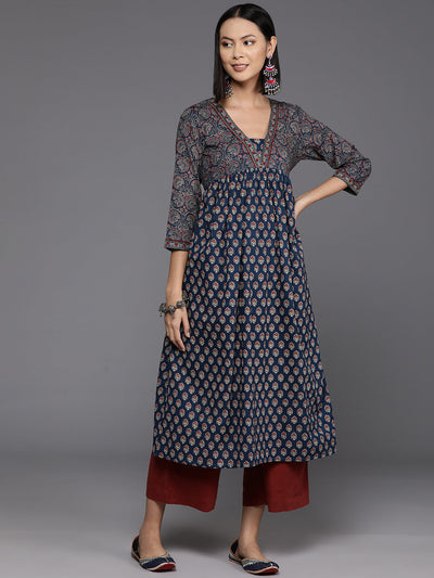 Indyancart VR Women's Blue And Maroon Bandez Printed Anarkali Kurta