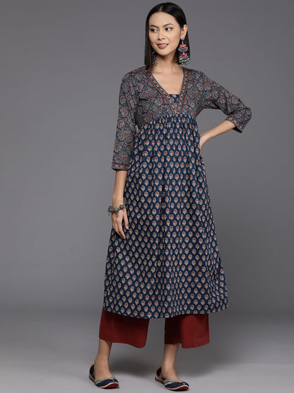 Dhiyona VR Women's Blue And Maroon Bandez Printed Anarkali Kurta