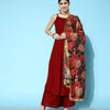 Dhiyona VR Women's Maroon Strap Style A Line Kurta Paired With Tonal Bottom And Contrast Floral Printed Dupatta With Four Sided Fringes