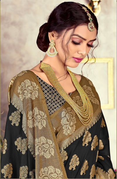 Indyancart GR Women's GJ Black Diamond Pitch Black Zari Woven Design Cotton Blend Saree
