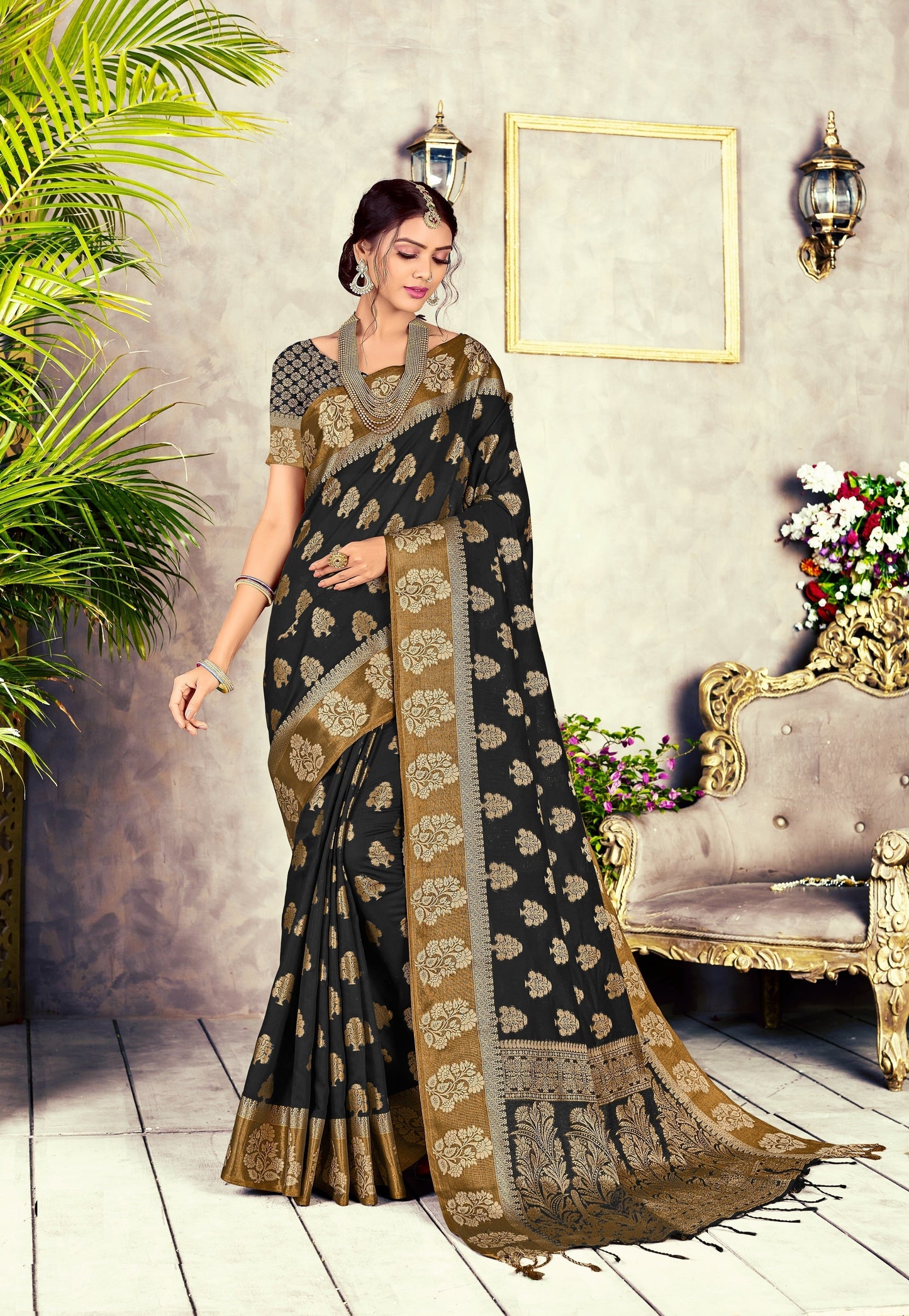 Dhiyona GR Women's GJ Black Diamond Pitch Black Zari Woven Design Cotton Blend Saree