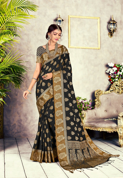 Indyancart GR Women's GJ Black Diamond Pitch Black Zari Woven Design Cotton Blend Saree