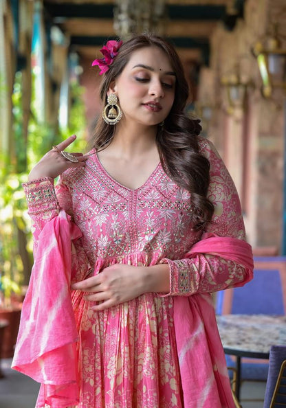 Indyancart VR Women's Pink Floral Printed Mirror Work Anarkali Kurta With Sharara And Dupatta