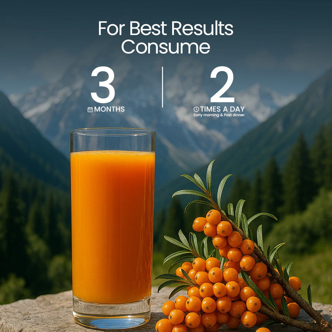 Bottle of Krishna's Herbal & Ayurveda Sea Buckthorn Juice, a vibrant orange Ayurvedic drink with fresh sea buckthorn berries.