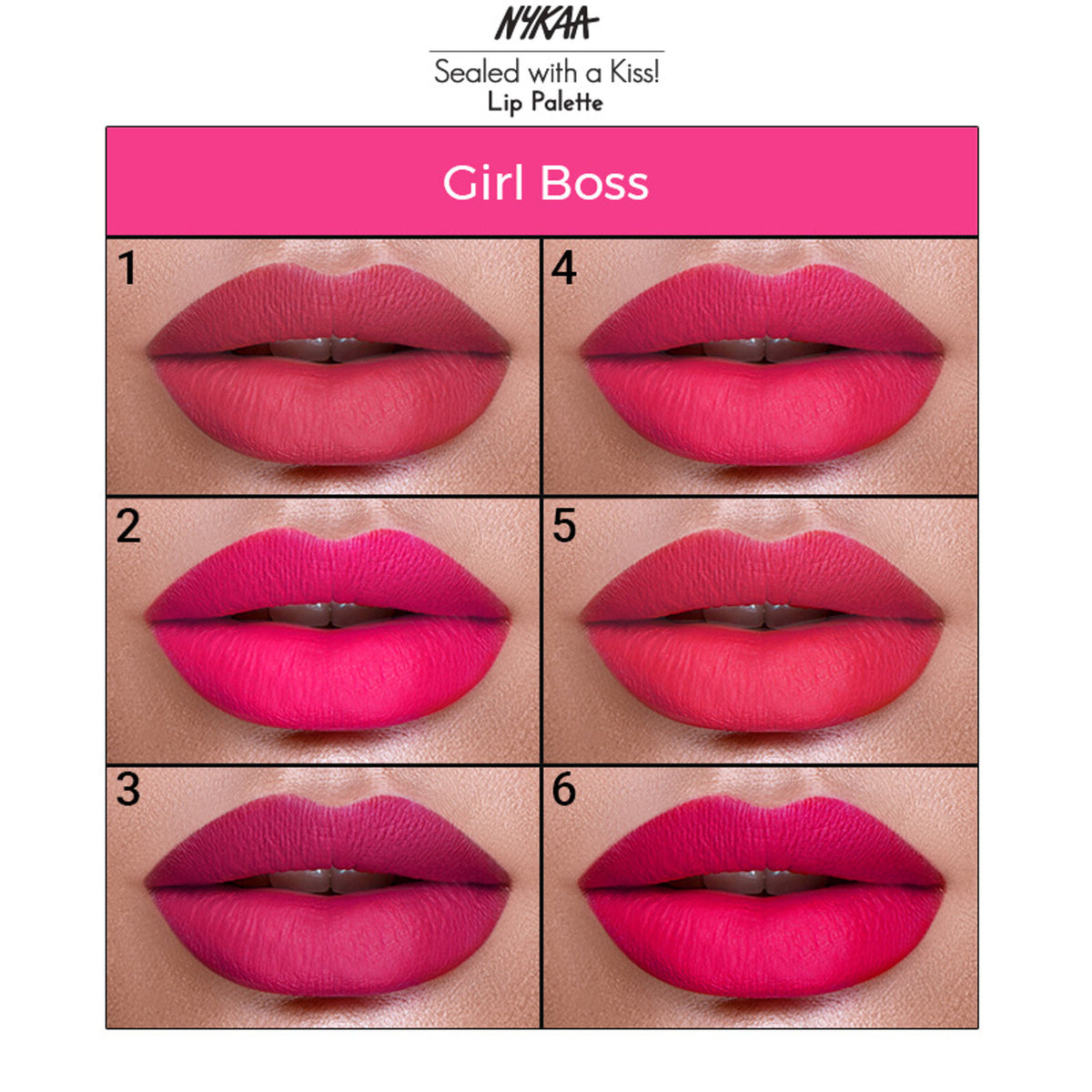 Nykaa Cosmetics Sealed with a Kiss! Lipstick Palette Girl Boss 01 featuring a variety of vibrant lipstick shades.