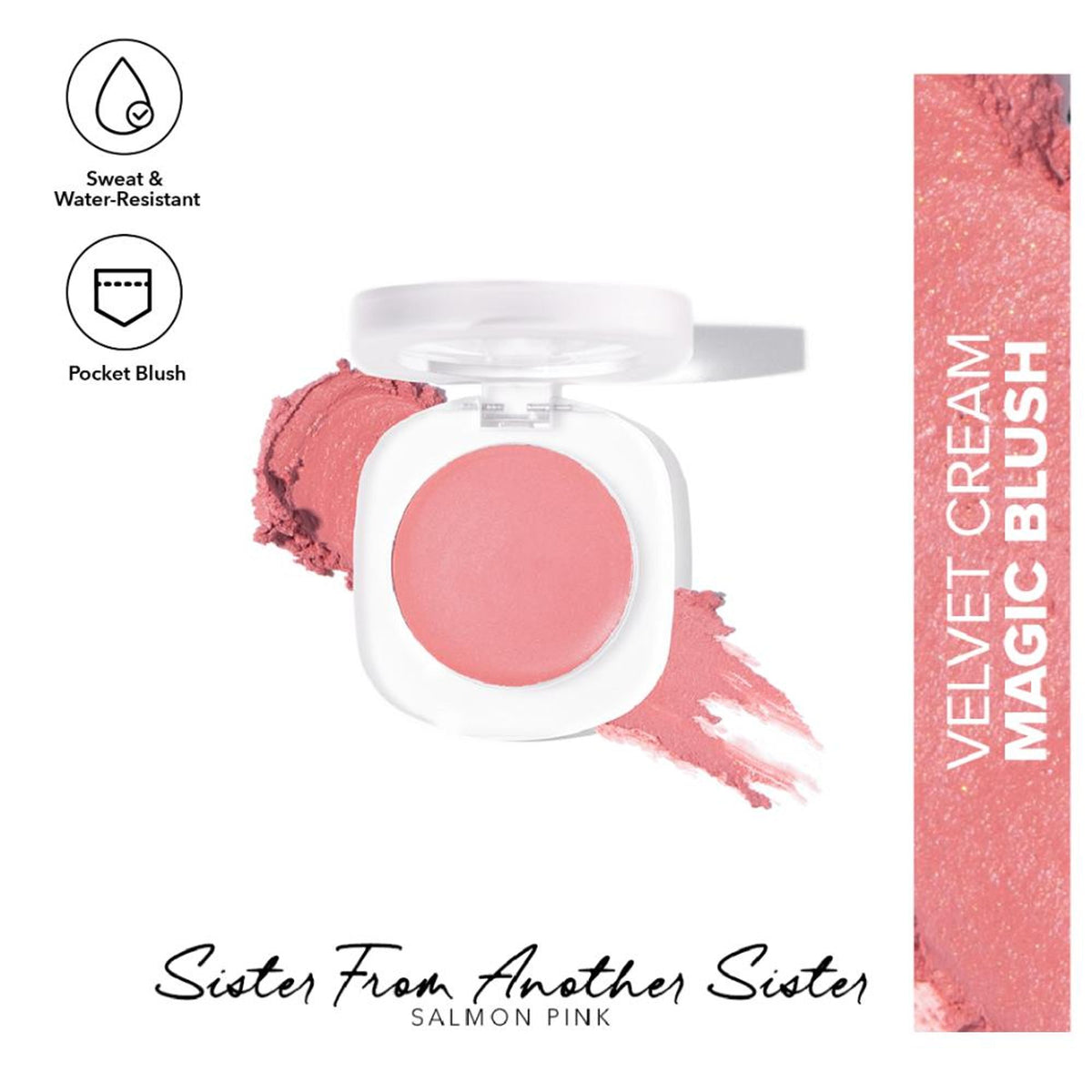 Simply Nam Velvet Cream Magic Blush in Sister From Another, close-up of the pink and peach cream blush applied on the cheeks.