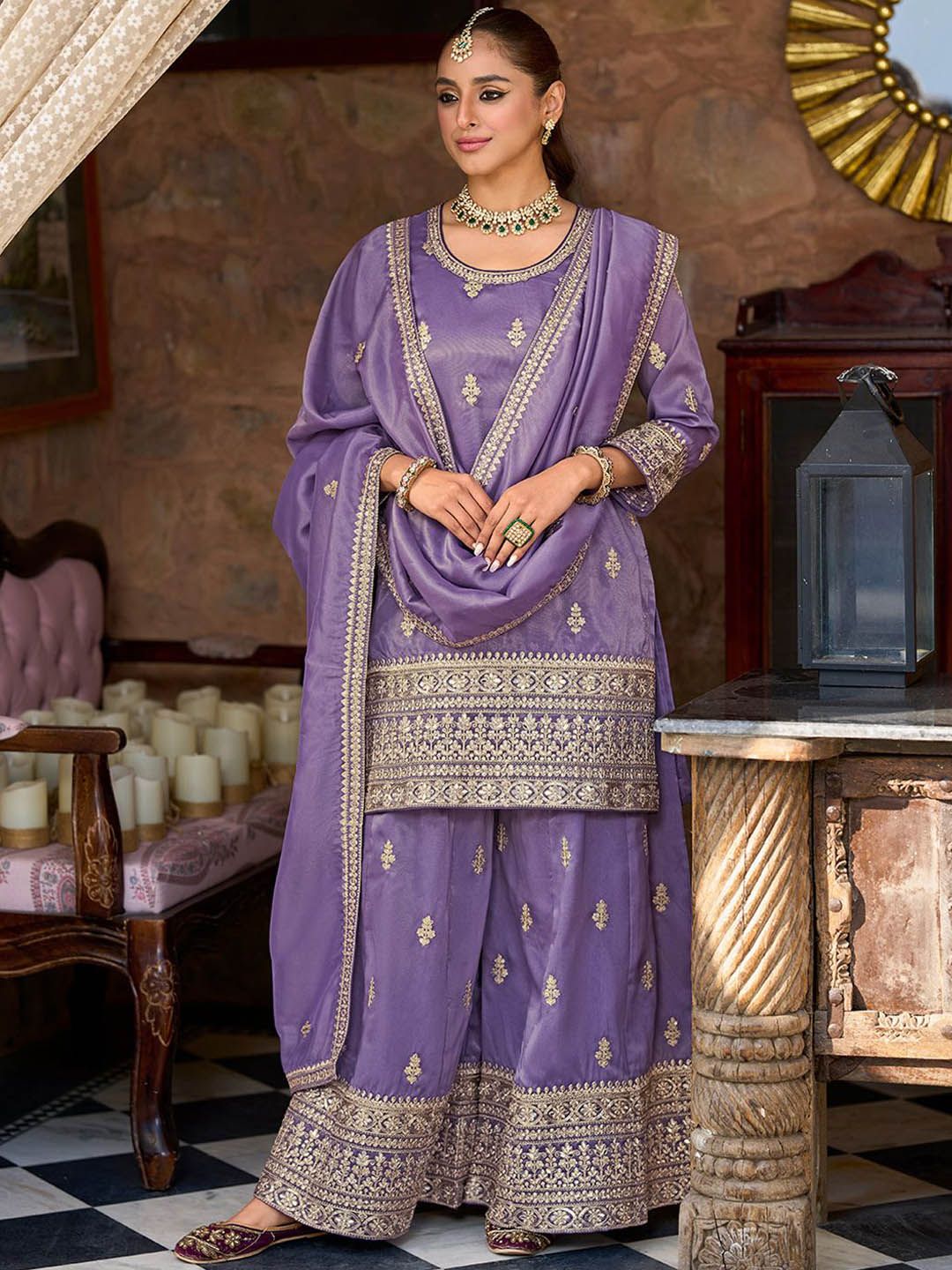 Ethnic Motifs Embroidered Round Neck Zari Straight Kurta & Palazzos With Dupatta