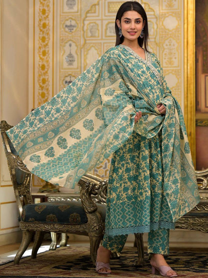 Indyancart VA Women'sEthnic Motifs Printed Mirror Work Pure Cotton Kurta with Trousers & Dupatta
