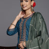 Dhiyona VA Women's Blue Ethnic Motifs Yoke Design Thread Work Kurta with Sharara & With Dupatta