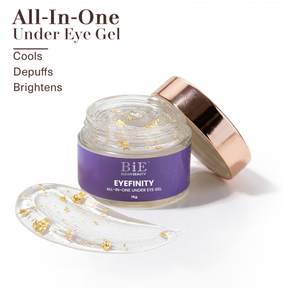 BiE Eyefinity Under Eye Gel with gold, silver leaf, and stem cells for dark circles, wrinkles, and puffiness, in a sleek jar.