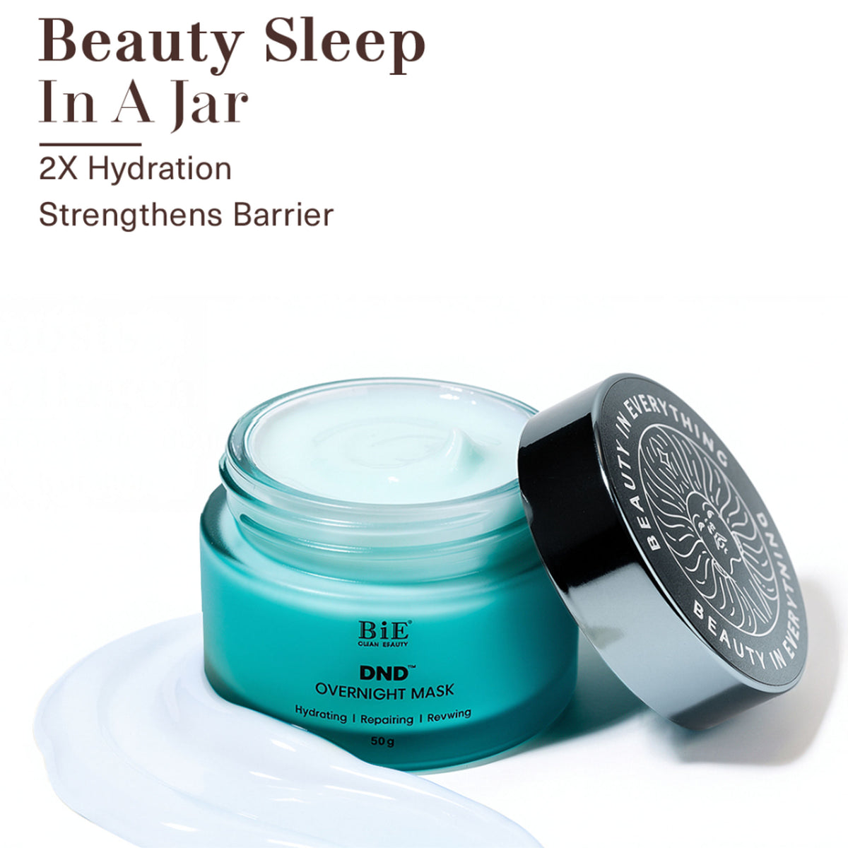 BiE DND overnight sleeping face mask with ceramides and bakuchiol, showing a jar of the hydrating and skin-repairing skincare product.