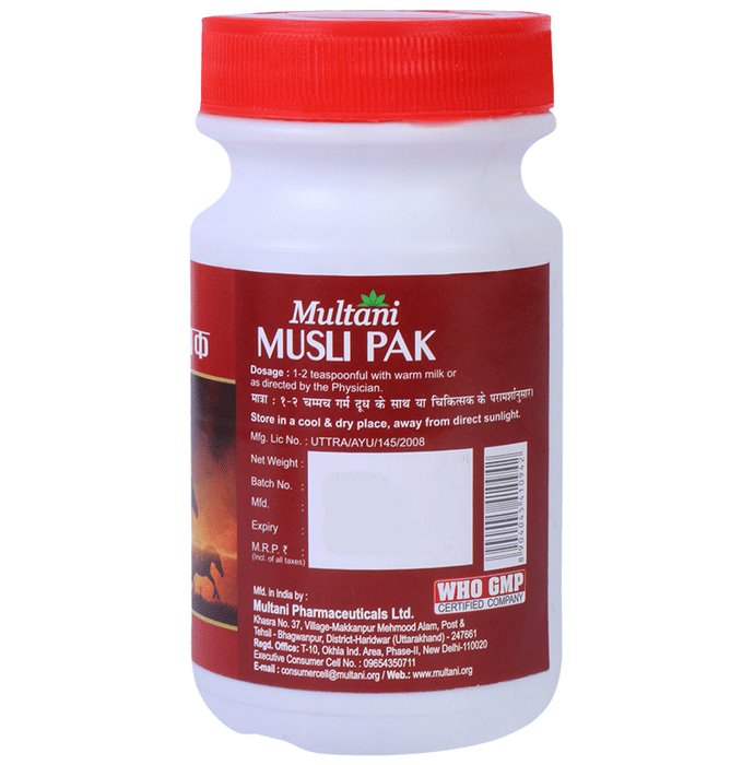 Multani Musli Pak Powder in a jar, Ayurvedic syrup by Multani with natural herbal ingredients, displayed on a wooden surface.