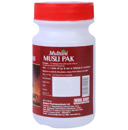 Multani Musli Pak Powder in a jar, Ayurvedic syrup by Multani with natural herbal ingredients, displayed on a wooden surface.