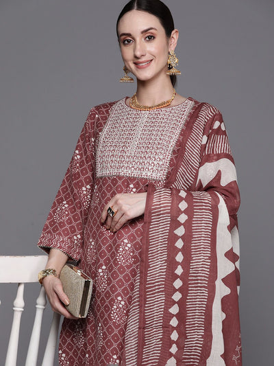 Indyancart IE Bandhani Printed Regular Thread Work Pure Cotton Kurta With Trousers & Dupatta