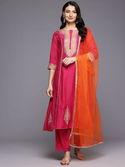 Indyancart VA Ethnic Motifs Embroidered Zari Panelled Kurta With Palazzos & Dupatta